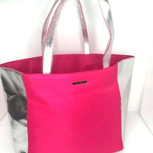 NEW , CLINIQUE PINK AND SILVER TOTE BAG
